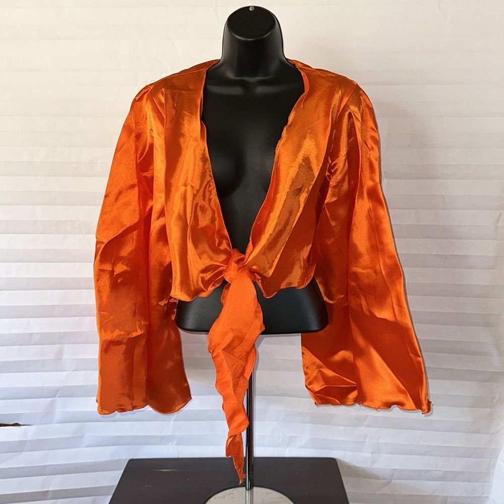 Burnt Orange Satin Top Harem Style Tie Front Blouse One Size Flowy Bohemian